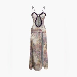 MICAS: Printed Ruffle Cut Out Mesh Slit Slip Maxi Dress
